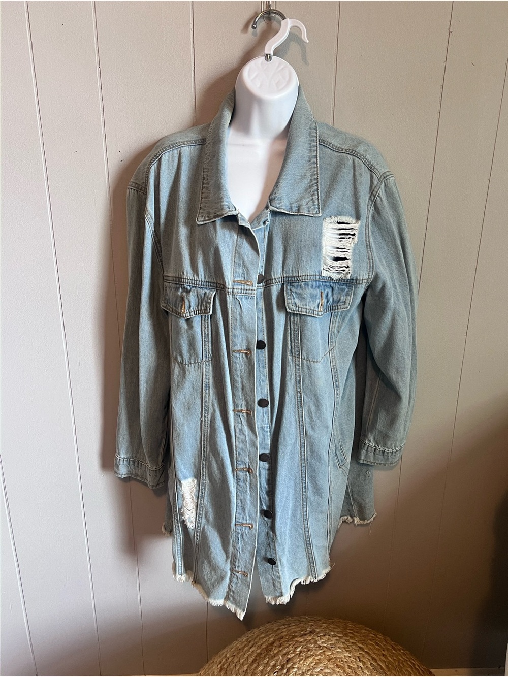 Distressed Long Light Blue Denim Jacket for Women